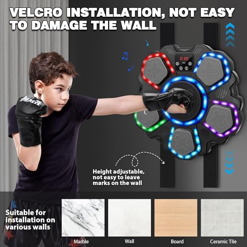 Music Boxing Machine Sport Toys for Kids and Adults,Wall Mounted Bluetooth Smart Punching Target,Training Pad Toy with Boxing Glove,Ideas Toys for Boys Girls Kids 3 4 5 6 7 8 9 10 11 12+ Years Old - color: Black L