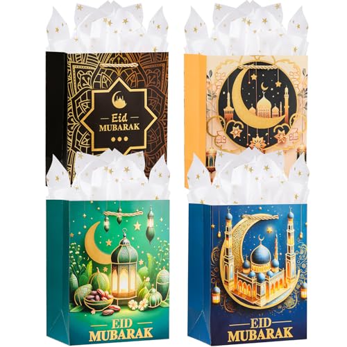 Enfoldia 4Pcs 9" Medium Eid Mubarak Gift Bags with Handles Gold Star Tissue Paper Ramadan Kareem Party Favor Bags Muslim Party Goodie Gift Bag Treat Bags Reusable Paper Bags Islam Party Decorations - color: EID MUBARAK