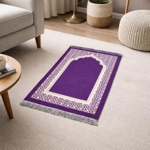 Modefa Turkish Islamic Prayer Mat - Thin Woven Chenille Sajjadah - Praying Rug Ramadan Eid Gift - Traditional Muslim Janamaz Sajada for Men Women - with Kufi & Beads - Geometric Selcuk Star (Purple) - color: Purple