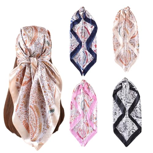 4Pcs Silk Head Scarves for Women Satin Hair Scarf 35”Large Square Bandana Silk Like Neck Scarf Shawl - color: Pink/Black/Navy Blue/Beige