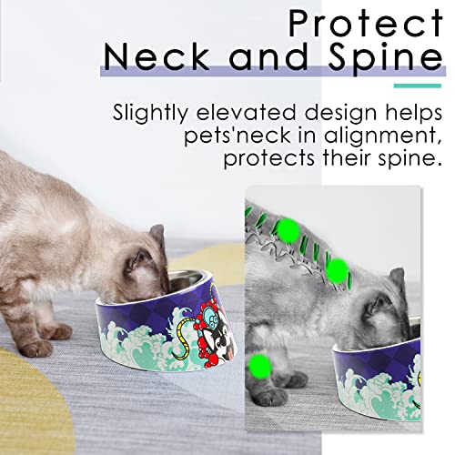 Super Design Mess Free 15° Slanted Bowl for Dogs and Cats, Tilted Angle Bulldog Bowl Pet Feeder, Non-Skid & Non-Spill, Easier to Reach Food - color: Drama Blue Pattern, size: S/0.5 Cup