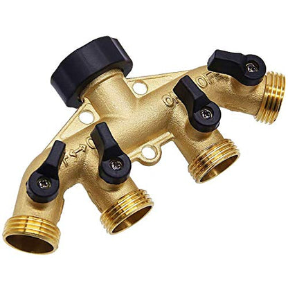 Biswing 4 Way Brass Hose Splitter, 3/4" Brass Hose Faucet Manifold, Garden Hose Adapter Connector, Hose Spigot Adapter with 4 Valves - size: 4 Way