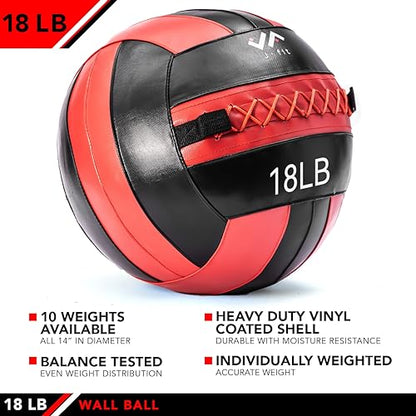 JFit Wall Ball – Premium Soft Weighted Exercise Ball for Strength, Conditioning, Gym & Home Workouts, 4-30 LB - color: Red/Black, style: 18 LB