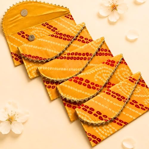 LoveNspire Brocade Fabric Money Envelopes (7.5 x 3.5 Inch) Decorative Bandhani Pattern Shagun Lifafa for Indian Wedding, Birthday | Cash Gift Holder & Home Savings Organizer Yellow/Pack of 5 - color: Bandhini Yellow, size: Pack of 5