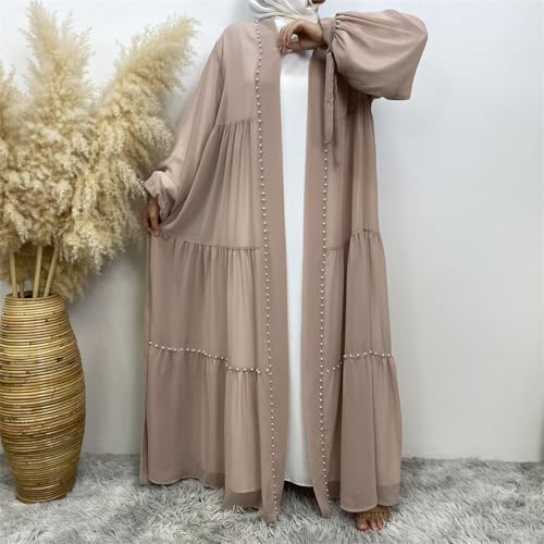 Abayas For Women Muslim Ramadan Long Sleeve Open Front Imitation Pearls Tiered Chiffon Dress Cardigan with Belt Dubai Kaftan - color: Apricot, size: XX-Large