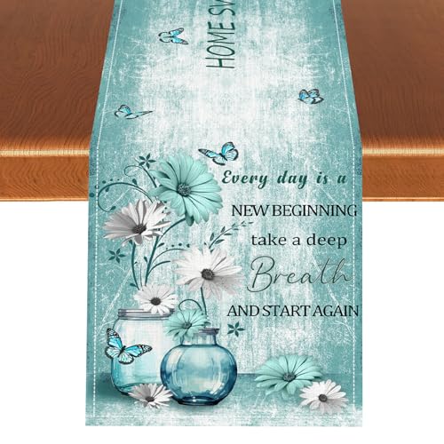 Spring Daisy Table Runner, Teal Retro Rustic Daisy Flower Butterfly Sweet Home Seasonal Farmhouse Summer Kitchen Dining Table Scarf for Kitchen Living Room Home Party Decor 13"x36" - color: Tr-daisy01, size: 13x36" Table Runner