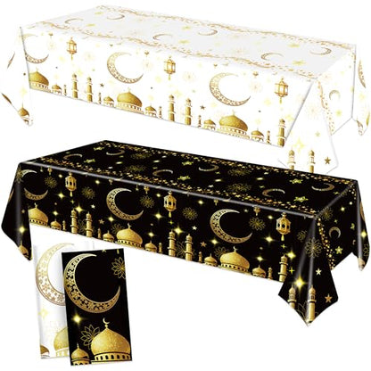 Eid Mubarak Tablecloth Ramadan Decorations for Table Ramadan Mubarak Table Cover for Eid Al-fitr Muslim Islam Party Decor Sign 54 x 108 Inch Black & White