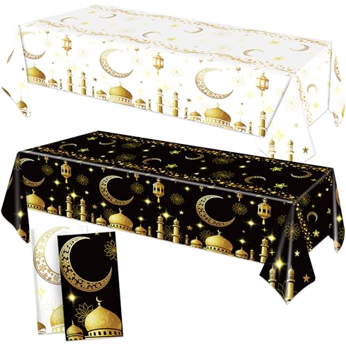 Eid Mubarak Tablecloth Ramadan Decorations for Table Ramadan Mubarak Table Cover for Eid Al-fitr Muslim Islam Party Decor Sign 54 x 108 Inch Black & White