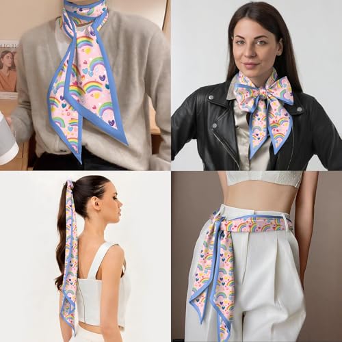 Head Hair Scarf Neck Silk Feeling Scarves Long Thin Satin Fashion Handbag Cute Decoration Women Girls 59 * 6.7'' - color: O-11-rainbow