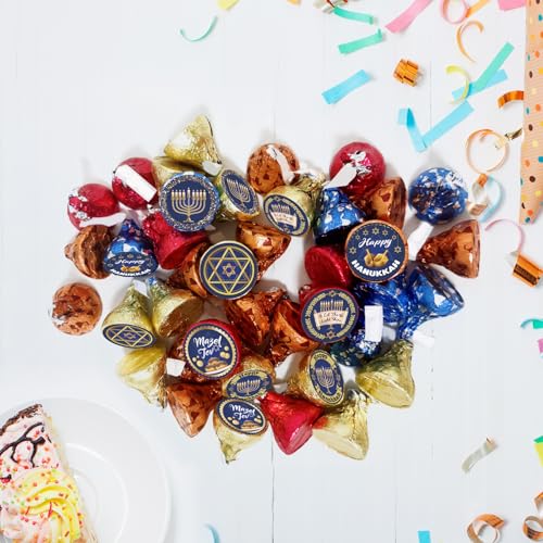 Happy Hanukkah Kiss Sticker Labels - Chanukah Party Round Candy Sticker Favors - Jewish Holiday Labels Fit Chocolate Candy (Set of 150) - color: Hanukkah