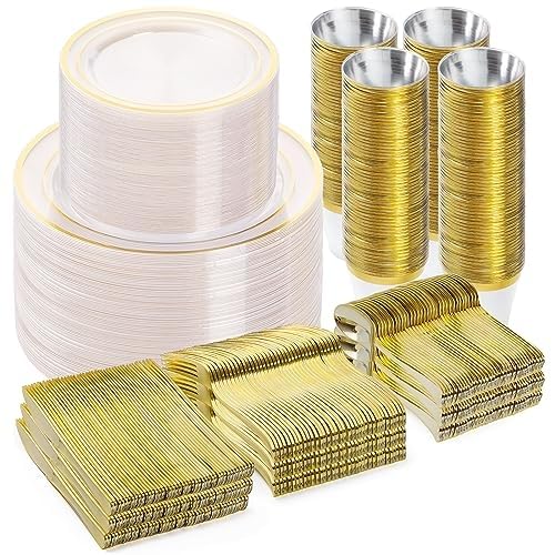 BESTVIP 600PCS Clear Gold Dinnerware Set for 100 Guests, - color: Clear Gold, size: 100 Guests
