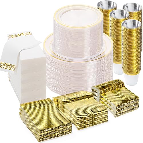 BESTVIP 700 PCS Clear Gold Plastic Plates and Silverware Set Disposable - color: Clear Gold, size: 100 Guests