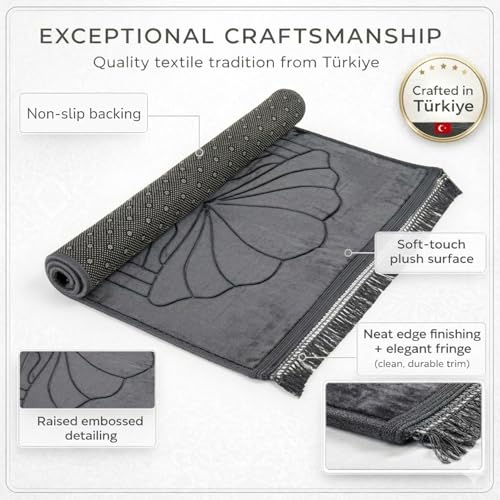 Modefa Muslim Prayer Rug Islam, Soft Plush Velvet Praying Mat Thick Sajadah with Car Hanger | Simple Pattern Solid Not Distracting | 31.5 x 47in Non-Slip Padded Prayer Mat (Clam Black) - color: Clam Black
