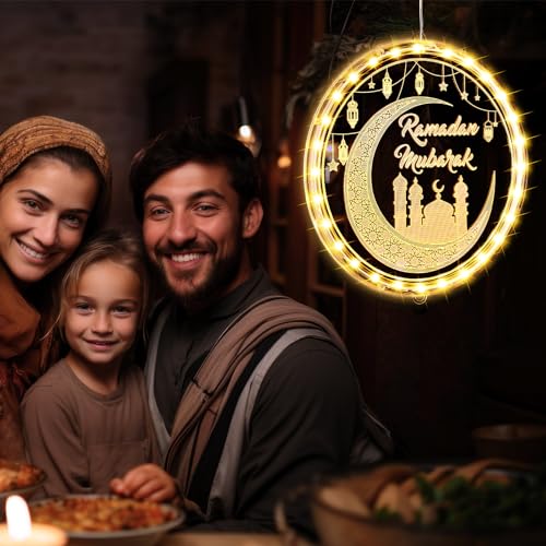 ROCEEI 3D 9.45" Ramadan Mubarak LED Window Lights Moon and Star Hanging Ornament with Suction Cup Ramadan Lights Decorations Indoor Outdoor Battery Operated for Bedroom Holiday Party