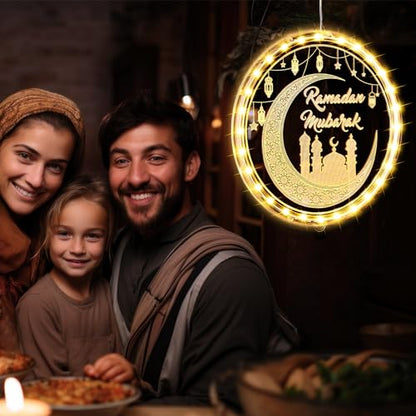 ROCEEI 3D 9.45" Ramadan Mubarak LED Window Lights Moon and Star Hanging Ornament with Suction Cup Ramadan Lights Decorations Indoor Outdoor Battery Operated for Bedroom Holiday Party
