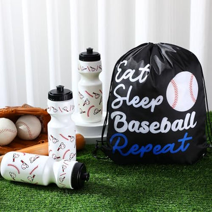 Reallnaive Party Favors Gifts, 24 oz Water Bottles Reusable Sport Squeeze Drinking Cup, Eat Sleep Drawstring Bag Cinch Sack Sport Pack for School Team Gift Event Accessories - style: Baseball