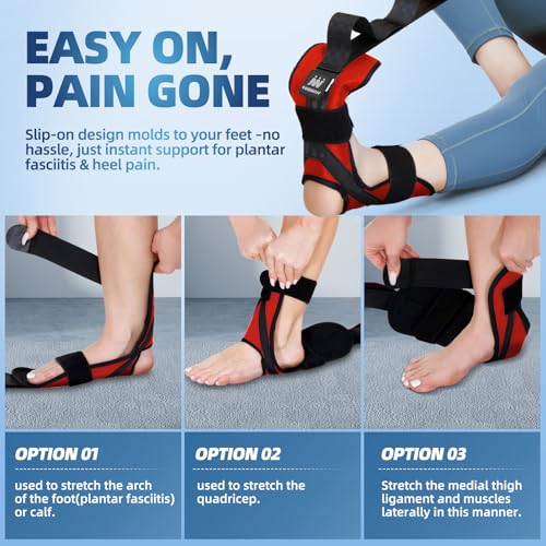 comness Foot and Calf Stretcher-Stretching Strap For Plantar Fasciitis, Heel Spurs, Foot Drop, Achilles Tendonitis & Hamstring. Yoga Foot & Leg Stretch Strap. (Red) - color: Red