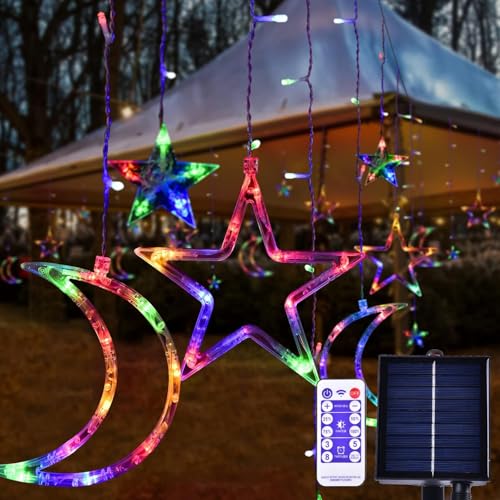 138 LED Ramadan Decorations Lights, Solar Moon Star Lights for Outdoor Waterproof, Solar Powered String Lights with 8 Modes, Ramadan Hanging Decor for Indoor, Home, Patio (Multi-Colored) - color: Multicolor
