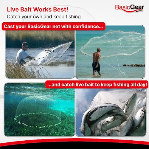Cast Net, Lead, 3-12ft Radius, 3/8 and 1/4 in Mesh, for Bait Fish | Stainless Steel Swivel, Neoprene Wrist Strap, Repair Kit Included, Storage Box Included - size: 10ft Radius, 3/8" Mesh