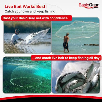 Cast Net, Lead, 3-12ft Radius, 3/8 and 1/4 in Mesh, for Bait Fish | Stainless Steel Swivel, Neoprene Wrist Strap, Repair Kit Included, Storage Box Included - size: 10ft Radius, 3/8" Mesh