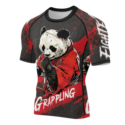 Panda Fighter Men's Short Sleeve Compression Rash Guard MMA Jiu Jitsu BJJ Grappling Base Layer Combat Shirt - color: V2, size: Small