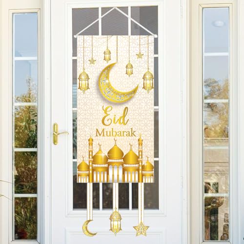 DPKOW Eid Mubarak Banner Door Eid Decorations, 86x33cm Fabric White Gold Hanging Door Sign Decor Eid Wall Decorations Indoor Outdoor Decor - color: Gold