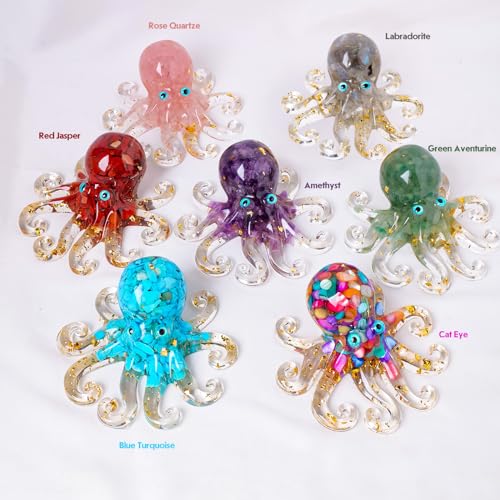 Octopus Decor Aquarium RoseQuartze Gravel Decorative Resin Glass with Natural Crystal Stone Marine Animals Fish Tank Ornaments Statue Healing Home Decor Ladies Gift 3.93"