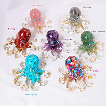 Octopus Decor Aquarium RoseQuartze Gravel Decorative Resin Glass with Natural Crystal Stone Marine Animals Fish Tank Ornaments Statue Healing Home Decor Ladies Gift 3.93"