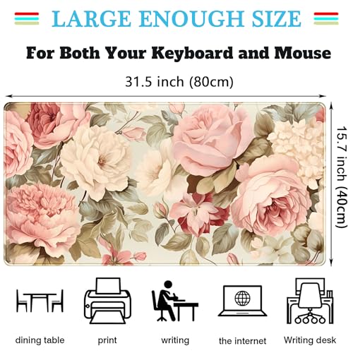 Cute Floral Desk Mat Pastel Roses Gaming Mouse Pad XXL Large Extended Flowers Desk Pad, Laptop Keyboard and Mouse Mat with Stitched Edges, Women Computer Desktop Mat Gamer Playmat 31.5x15.7 in - color: Pastel Roses