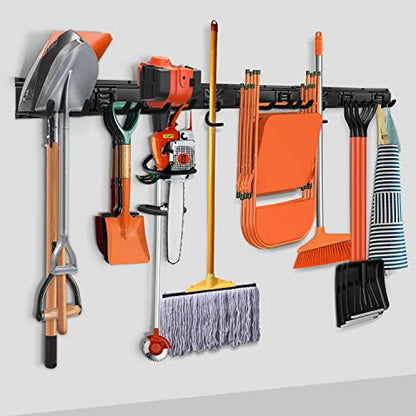Modular Heavy-Duty Steel Garage Tool Storage Rack - 150 lbs Weight Capacity Weather-resistant Powder-Coated Wall Mount Organizer for Shovels, Rakes, Ladders & Landscaping Equipment - size: 68 in rack with 12 hooks