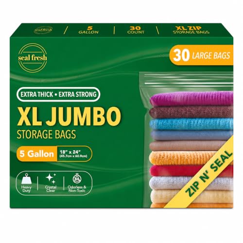 Seal Fresh 5 Gallon Large Plastic Storage Bags – 18" x 24" (30 Count) – Reusable XXL Extra Large Clear Jumbo Zip Bags with Sealable Zipper Top For Clothes, Travel, Moving - size: 5 Gallon - 30 Pack