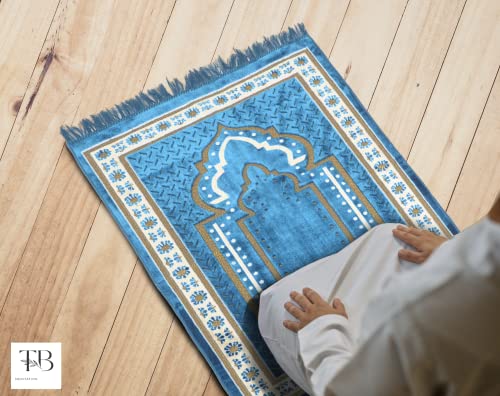 TB Islamic Prayer Rug Thick Soft Velvet Muslim Mat Unique Arabic Turkish African Embroidered Design Prayer Bead Daily Salah Prayer Meditation Ramadan Eid Gift for Women Men Kids (Blue) - color: Blue