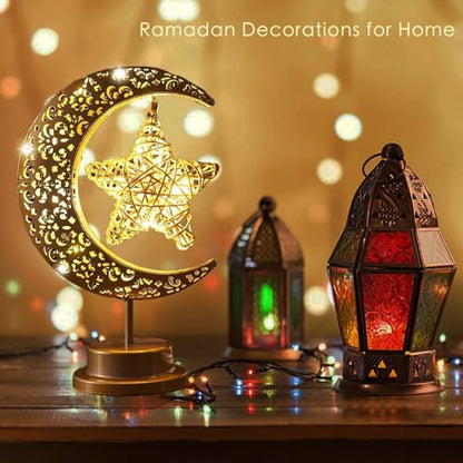 Lifnatty Ramadan Decorations Moon Lamp, Ramadan Decor for Home, Eid Mubarak Decorations, Ramadan Eid Gifts, Enchanted Lunar Table Lamp, Half Moon Lights, Battery Operated Moon Star Night Light - style: Moon Star Lamp