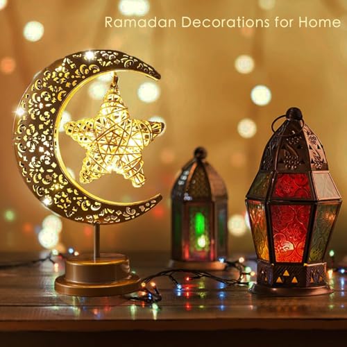 Lifnatty Ramadan Decorations Moon Lamp, Ramadan Decor for Home, Eid Mubarak Decorations, Ramadan Eid Gifts, Enchanted Lunar Table Lamp, Half Moon Lights, Battery Operated Moon Star Night Light - style: Moon Star Lamp