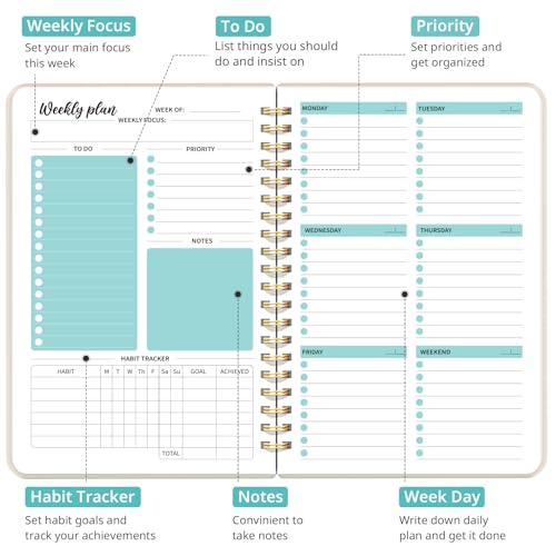 Taja Undated Weekly Planner, Weekly To Do List Notebook with Goal & Habit Tracker Organizer, A5 Weekly Planner Notebook with Spiral Binding, 6.1" x 8.2" - Beige - color: v.Beige