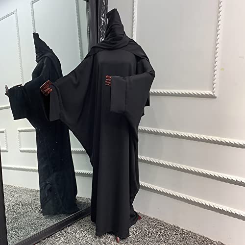 Muslim Dress for Women Pakistani Kaftan Abaya Robe + Hijab Arabic Islamic Prayer Clothes Dubai Outfits - color: Black Set