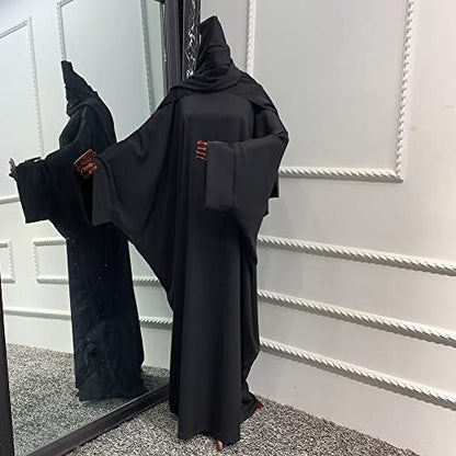 Muslim Dress for Women Pakistani Kaftan Abaya Robe + Hijab Arabic Islamic Prayer Clothes Dubai Outfits - color: Black Set