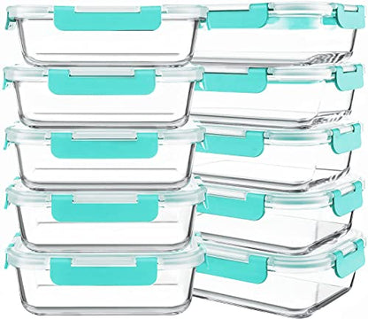 10 Packs 30 oz Glass Meal Prep Containers with Lids, Green | Glass Food Storage Containers, Airtight Lunch Bento Boxes, Microwave, Oven, Freezer and Dishwasher - color: Green