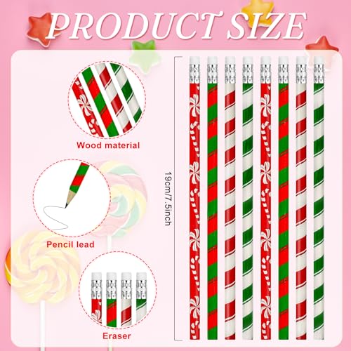Cinrobiye 100 PCS Christmas Pencils Bulk,Christmas Candy Cane Writing Pencils with Eraser Xmas Stationery Pencil for Holiday School Party Favors Stocking Stuffers Classrooms Student Rewards - style: Pencils