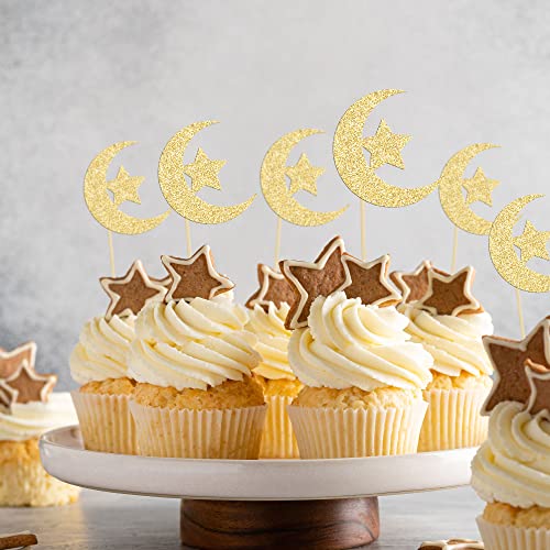 36 Pack Gold Glitter Moon and Star Eid Mubarak Cupcake Topper Ramadan Kareem Party Supplies Islamic Muslim Party Decorations - color: Gold-3