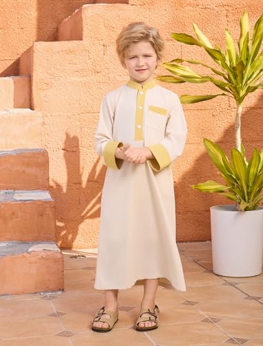 IWEMEK Kids Thobe for Muslim Boys Robe Eid Ramadan Kaftan Dubai Islamic Prayer Clothes Arabic Abaya Ethnic Dress with Pockets - color: Apricot, size: 8-9 Years