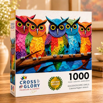 Cross & Glory | 1000 Piece Jigsaw Puzzles for Adults | Kaleidoscopic Owls - color: Kaleidoscopic Owl Colorful Night's Watch