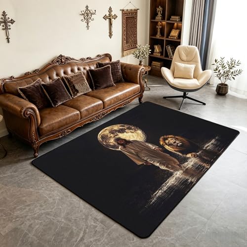 Manfei God and Lion Kids Area Rug,Walking on Water Western Indoor Floor Mat Entrance Rug for Girls Boys,Moon Wild Animal Spiritual Non Slip Rug,Black Couch Living Room Decor,5'x6'6'' - color: Black, size: 4'11" x 6'7" (Rectangular)