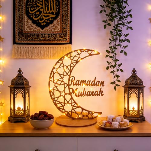 Eforcase Ramadan Decorations Large Wood Table Decor, 16" Light up Eid Mubarak Kareem Table Sign Wooden Hollow Moon Star Ornament for Muslim Islamic Party Centerpiece Decor Ramadan Mubarak Decoration - color: Ramadan Star Moon -16 Inch, size: 16 inch