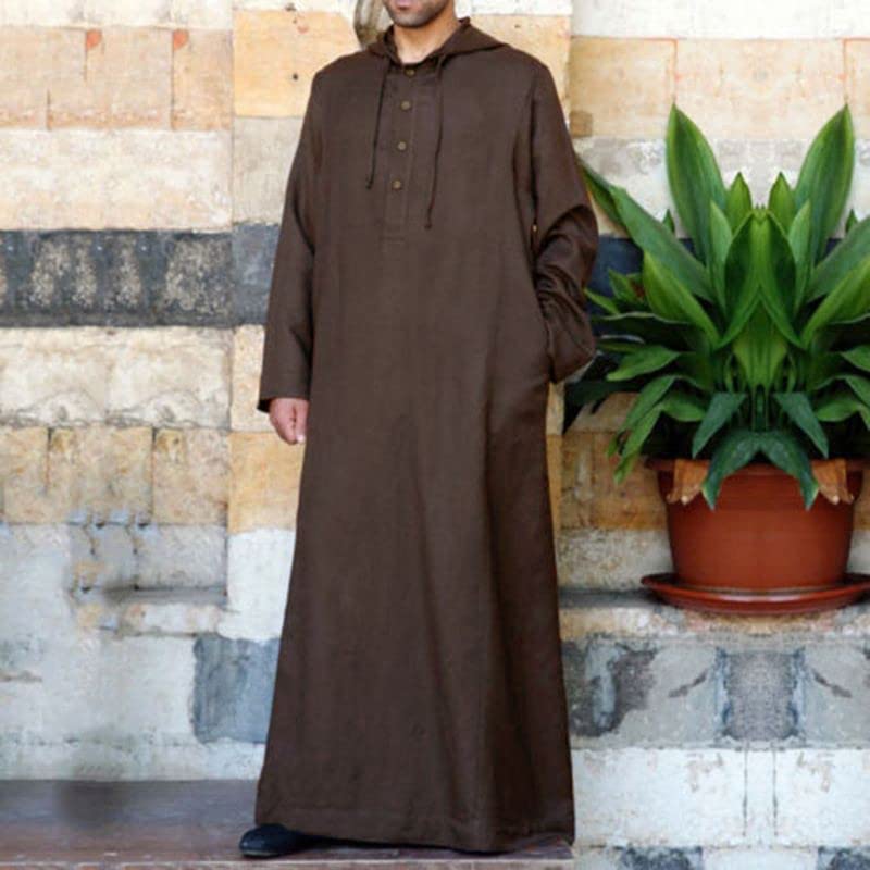 Ctreela Kaftan Thobe for Men Big And Tall Muslim Hooded Robe Mens Long Sleeve Caftan Thawb Islamic Ramadan Masjid Gown - color: Brown, size: Small