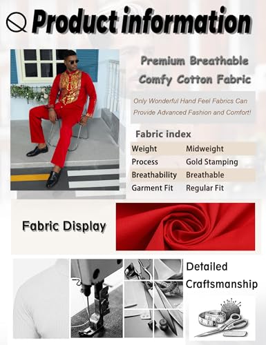 Mens African 2 Piece Sets Dashiki Metallic Traditional Suit Gold Stamp Printed Shirt and Pants Outfit - color: Red, size: Large