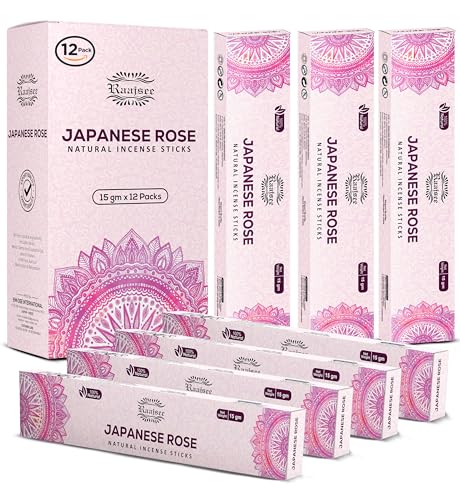 Raajsee Japanese Rose Incense Sticks (180 gm), 100% Pure Organic Natural Hand Rolled Free from Chemicals- Perfect for Aromatherapy, Cleansing, Meditation, and Church (Pack of 12) - color: Rose