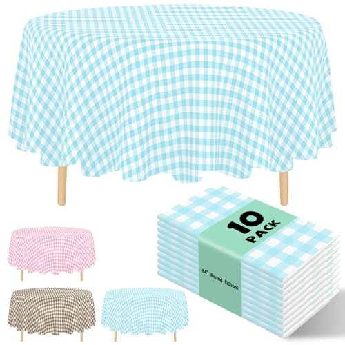 10 Pack Premium Disposable Plastic Tablecloth 84" Round Table Cover for Birthdays Weddings Christmas Anniversary Buffet Table (Blue Checkered, 84" Round) - color: Blue Checkered, size: 84" Round
