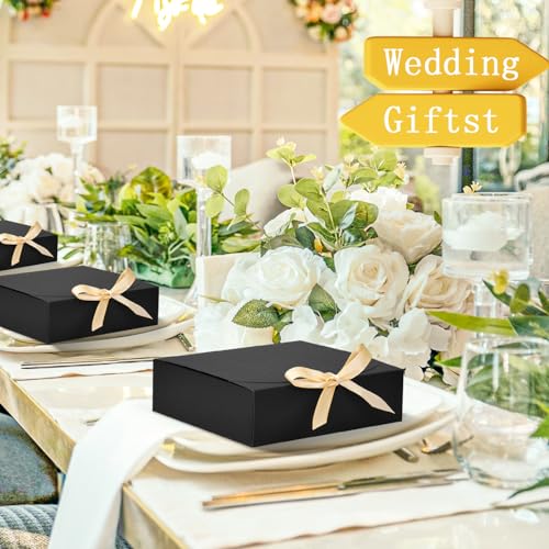 10pack Gift Boxes with Lids, 6.5''x6.5''x2'' Black Gift Boxes For Presents, Paper Boxes Gift Boxes with Ribbon for Birthday Wedding Party Chocolate Candy - color: Black