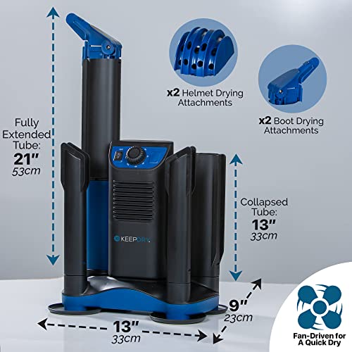 KeepDry Forced Heat Boot Dryer - Heavy Duty Shoe Dryer with Heat Switch & Timer - Quickly Dry Garments - Collapsible Drying Tubes | 250W Forced-Air Boot Dryer, 3-Hr Timer, Heat-Off Switch, 4 Adjustable Collapsible Tubes, Helmet Attachments